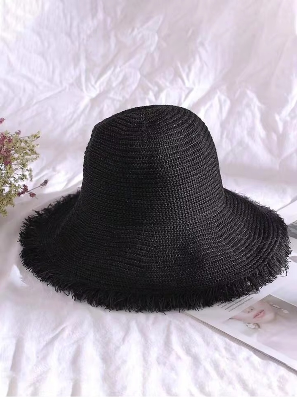 Black Floppy Sun Hat – Women’s Wide Brim Straw Hat - Picture 6 of 7